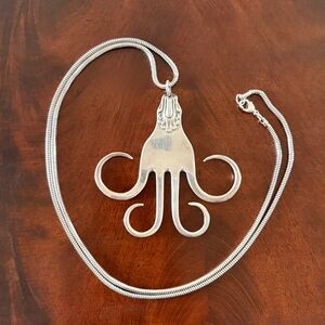 Vintage OAK Reversible Fork Pendant Necklace; Silver Tone; 30” Snake Chain